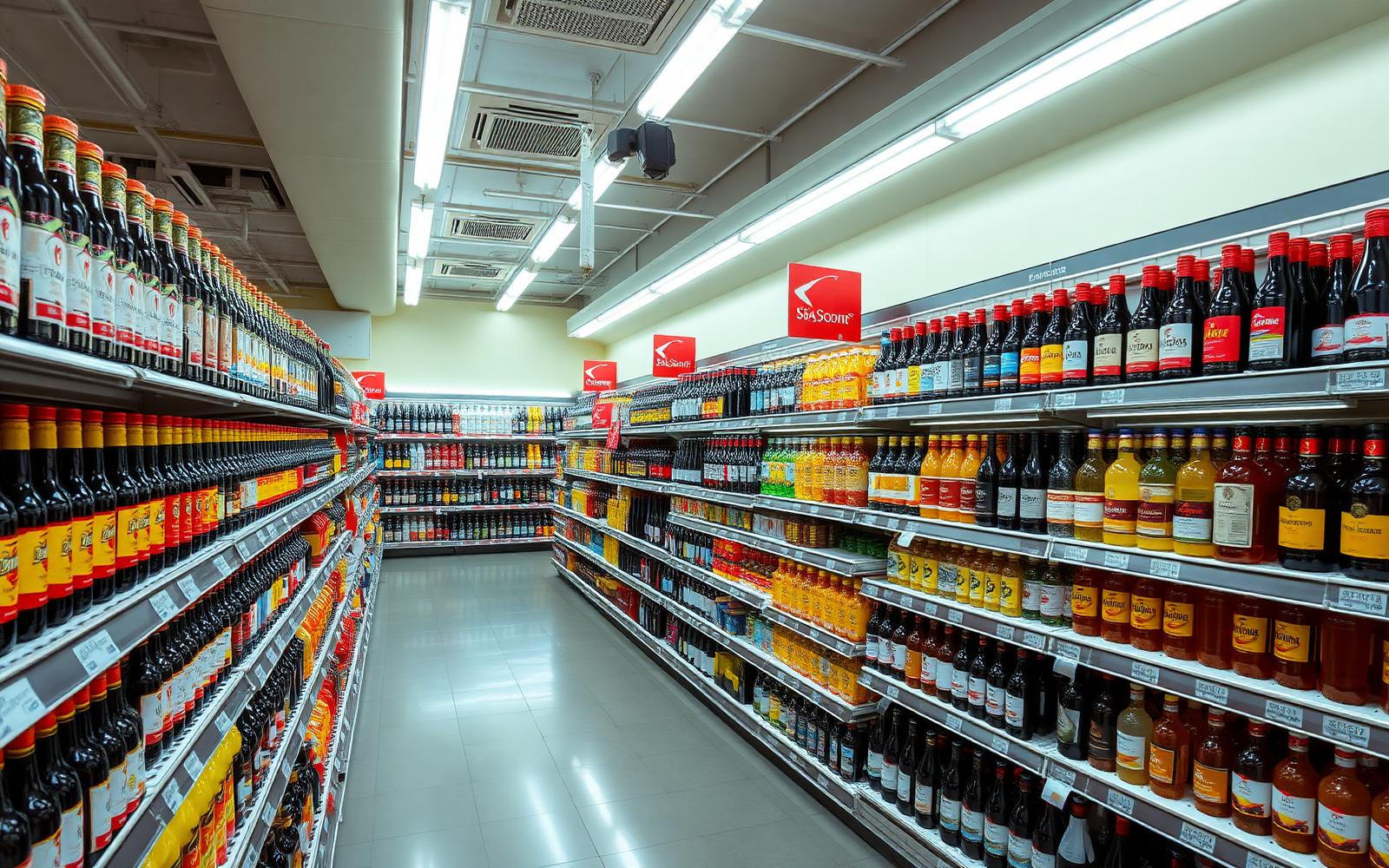 Corredor de bebidas com cervejas, refrigerantes, sucos e vinhos